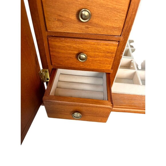 Vintage Wood Jewelry Box  2-Door Mirror 5 Drawers Armoire Lined - Picture 3 of 8